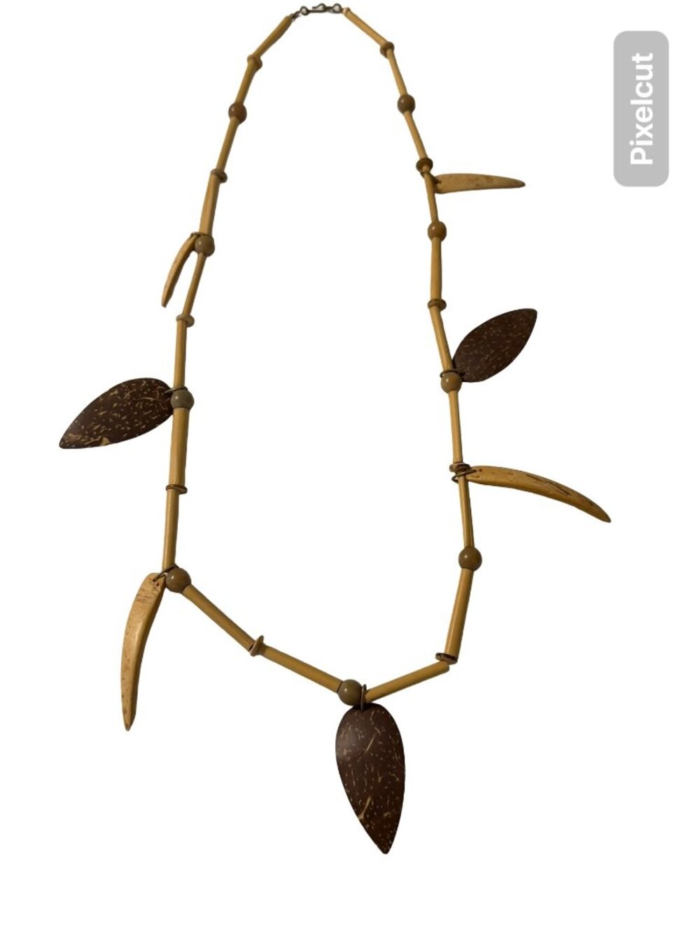 Vintage Bamboo Coconut Shell Leaf Necklace Boho Tribal Natural 34”
